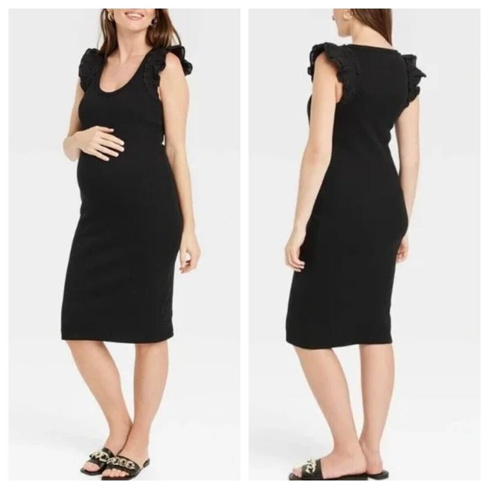 The Nines by Hatch Ribbed‎ Jersey Knit Maternity Bodycon Dress Ruffle Sleeve XL